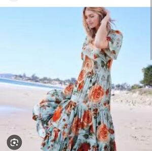 Elegant Floral Maxi Dress in Blue and Red